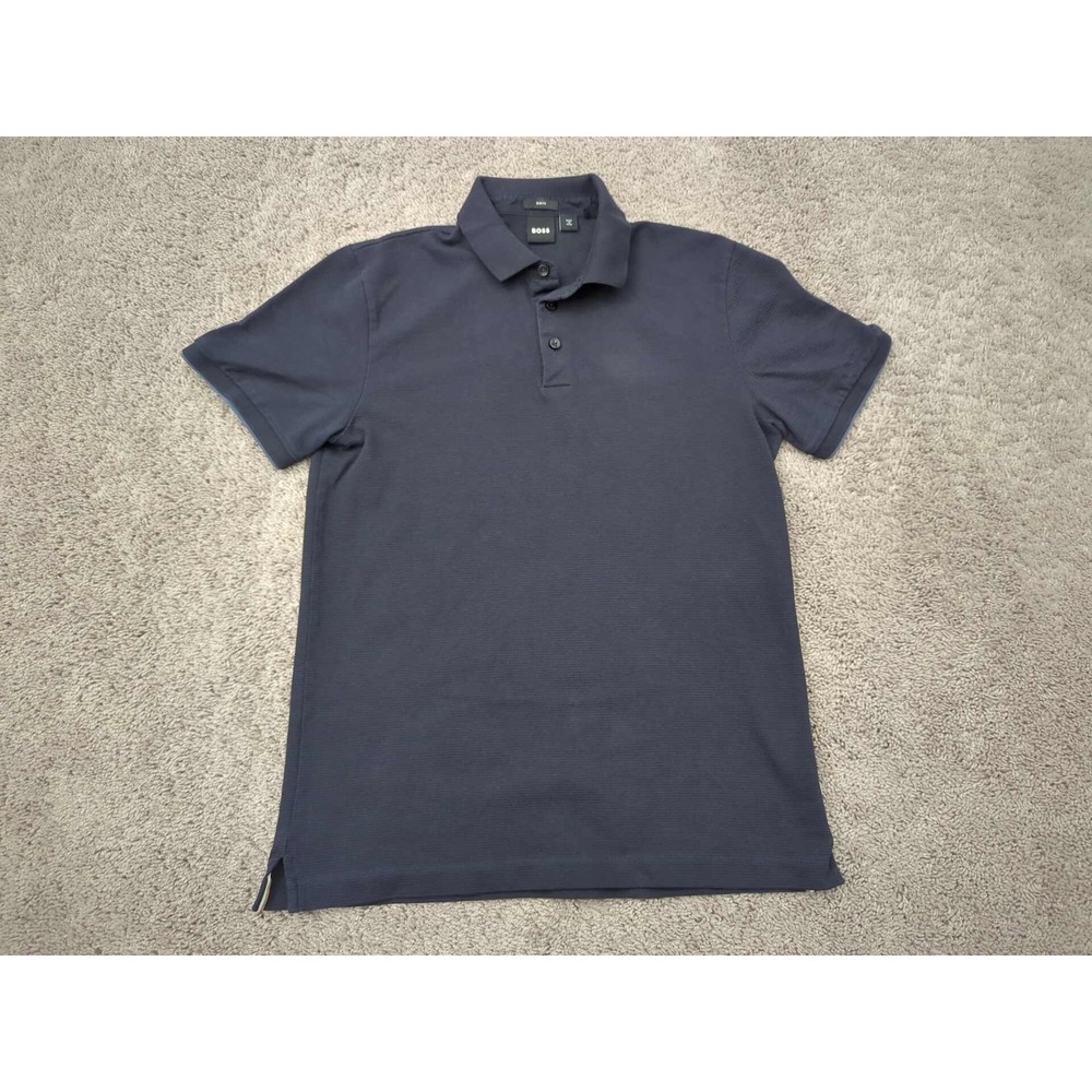 BOSS Polo Shirt Mens Medium Navy Blue Slim Fit‎ Short Sleeve Casual Made Peru